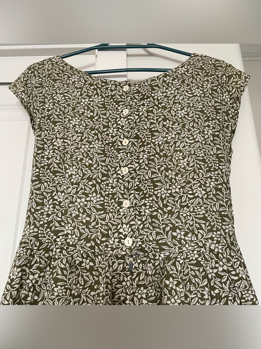 Olive Green Floral Button-Front Dress Heavyweight Cotton Japan Tokyo Loire